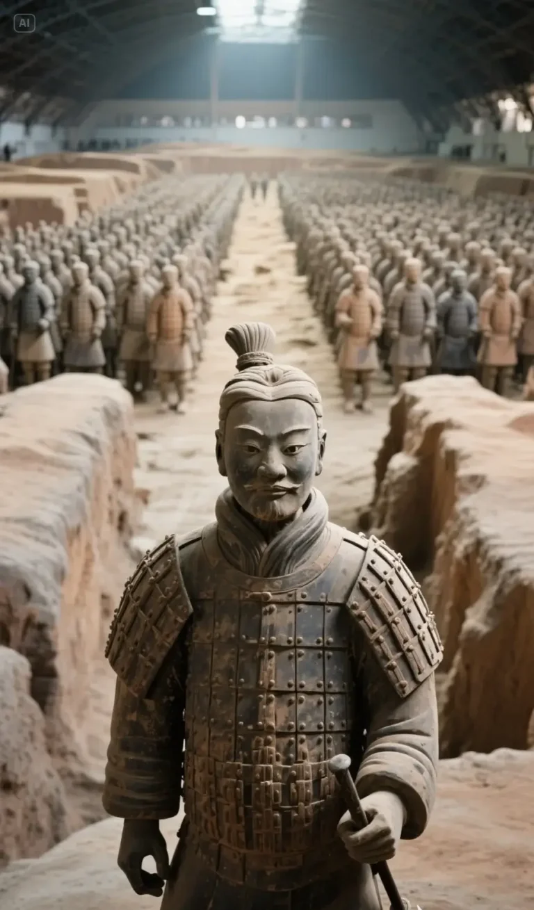 Uncovering the Journey of the Terracotta Warriors' Discovery 6 Inside the Xi'an Terracotta Army Caves, rows upon rows of terracotta warriors stand in orderly formation.