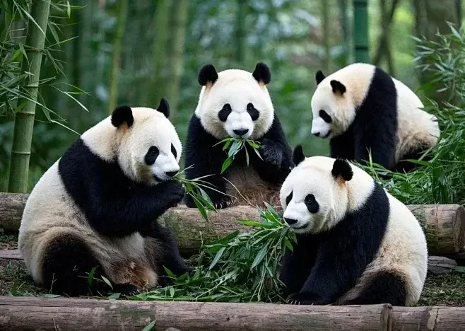 Discover the Sichuan Giant Panda Base 2 Four giant pandas are eating bamboo in the bamboo forest.