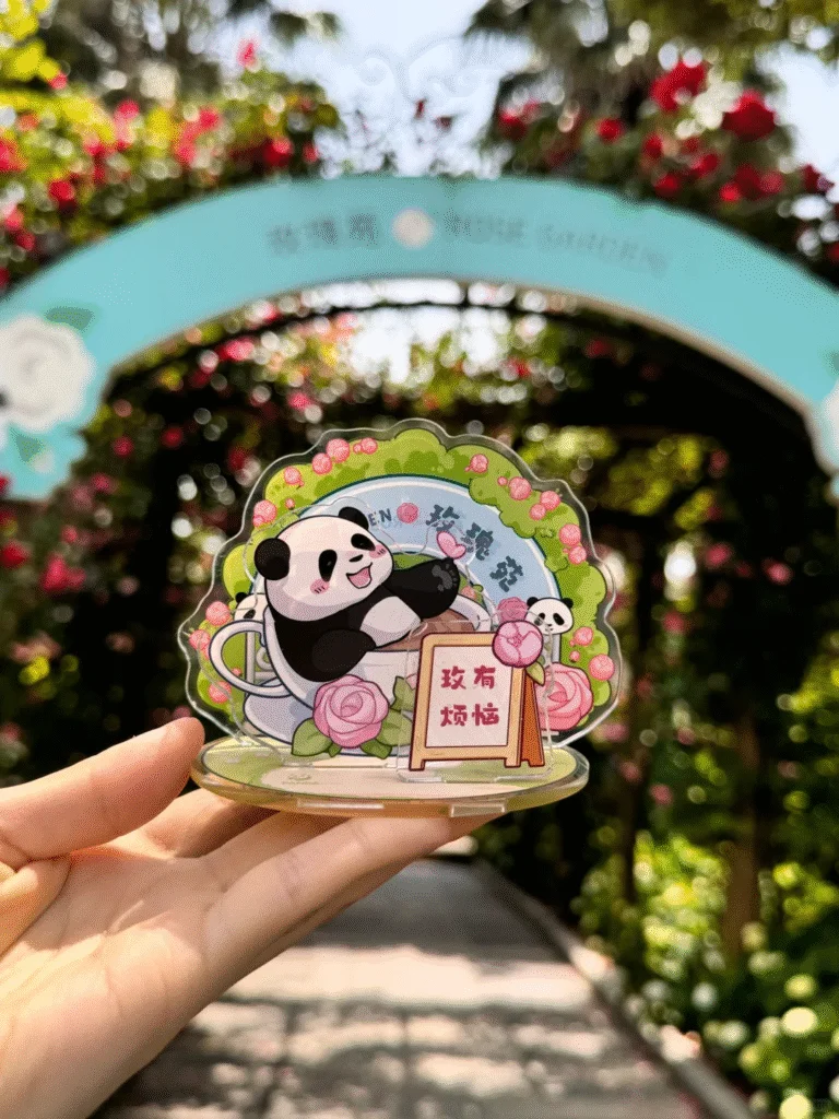 Discover the Sichuan Giant Panda Base 16 Souvenirs from the Western Restaurant in the Rose Garden at the Panda Base, with the Rose Corridor as the backdrop.